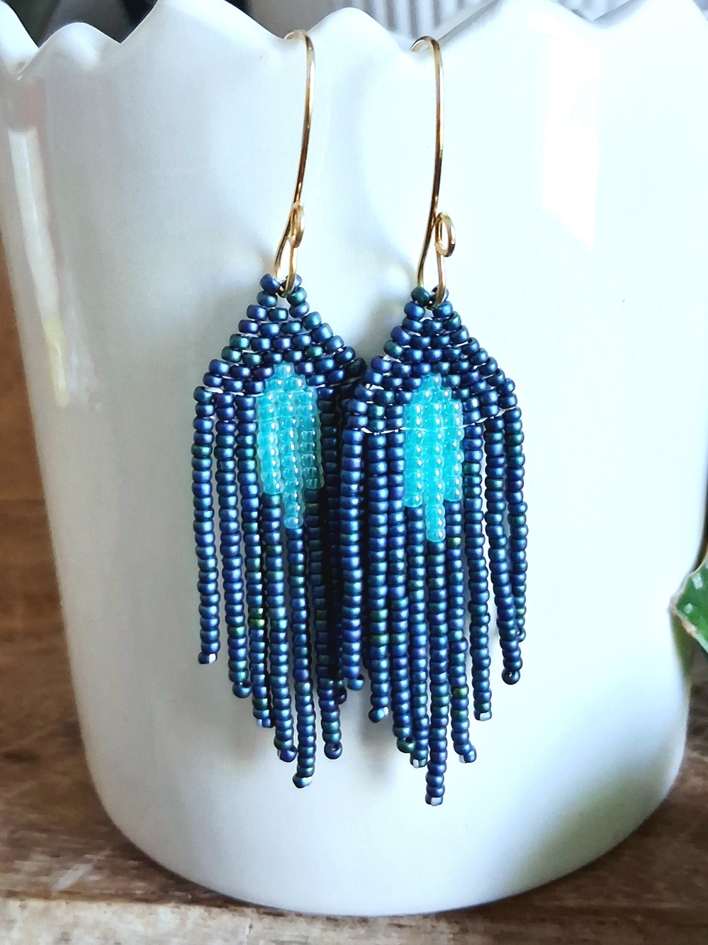 Handmade Navy Beaded Fringe Earrings with Aqua Accent